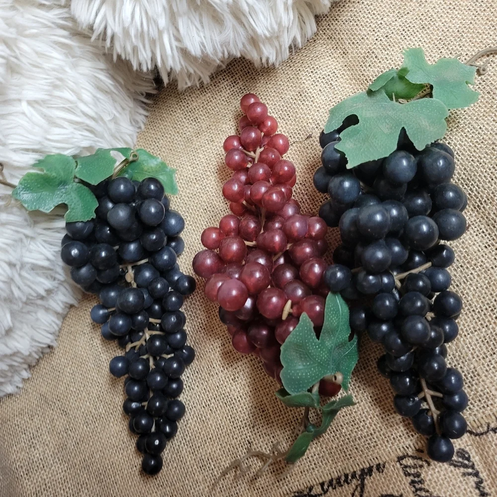 Vintage lot of 3 - 8 inch Rubber grapes 2 purple one red